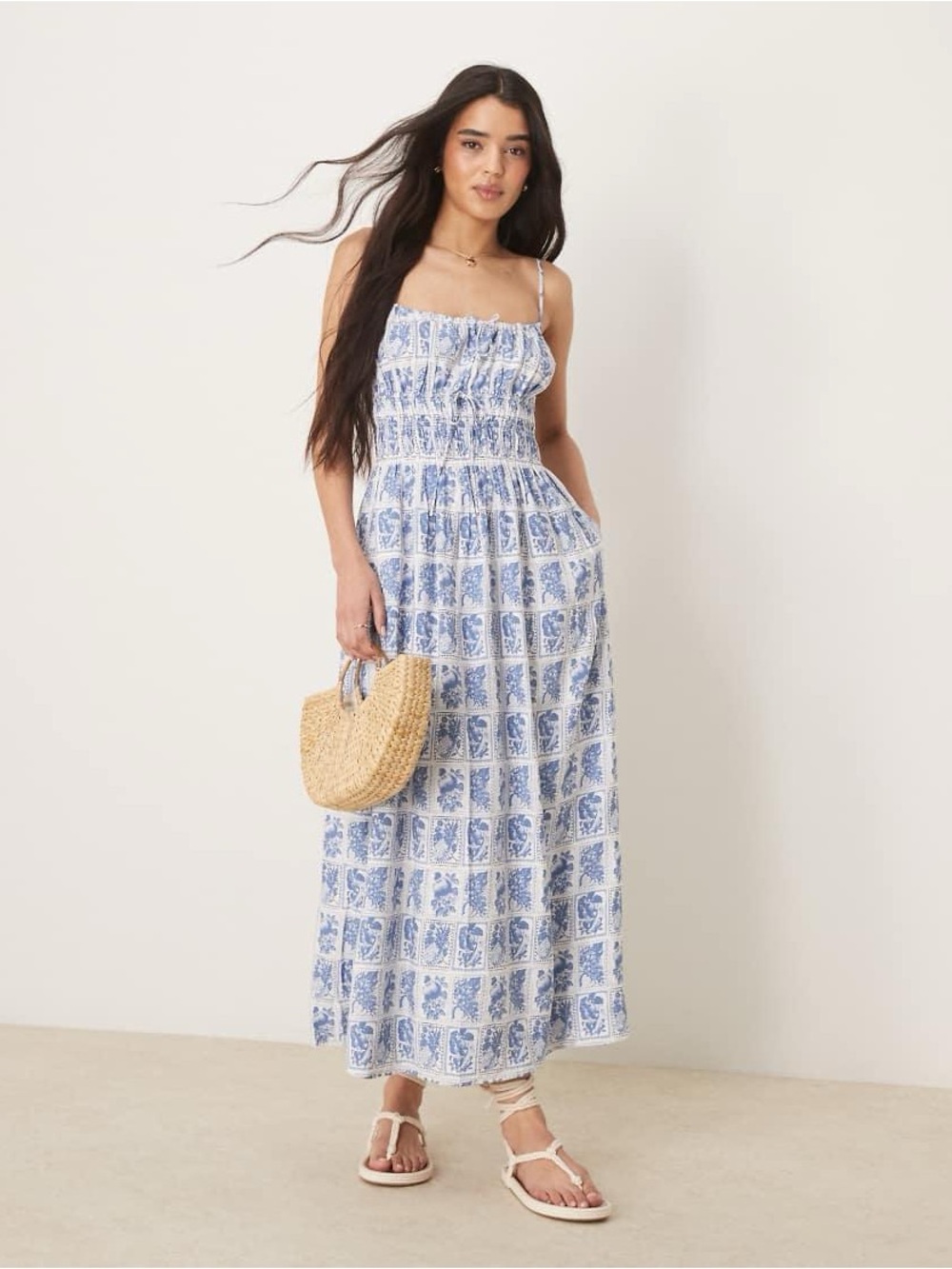 Abercrombie & Fitch Smocked Tie-Front Maxi Dress in Blue White Tile Stamp Medium